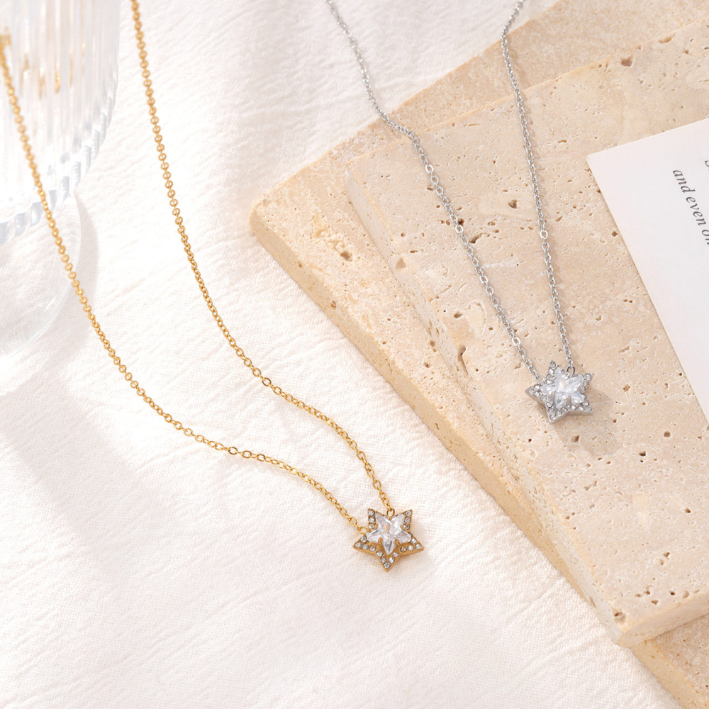 Halo Star Cut CZ Necklace in PVD Stainless Steel 14K Gold