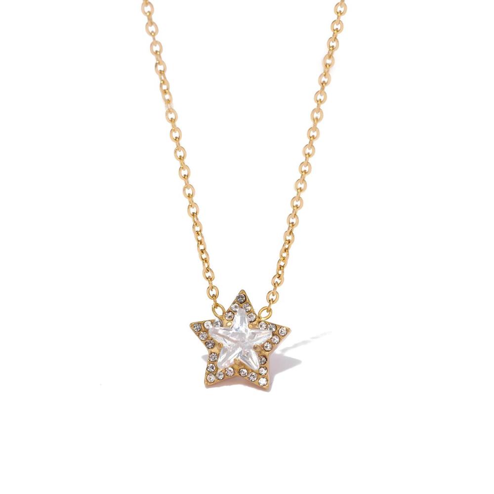 Halo Star Cut CZ Necklace in PVD Stainless Steel 14K Gold