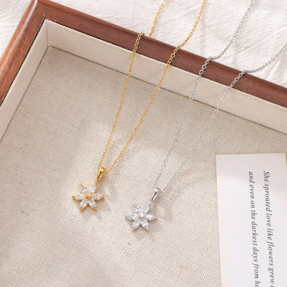 Marquise CZ Snowflake Pendant Necklace in PVD Stainless Steel 14K Gold
