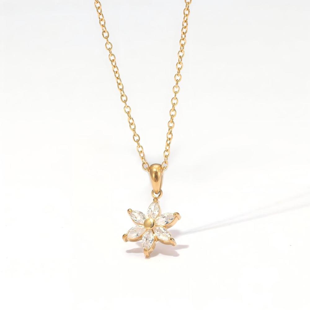 Marquise CZ Snowflake Pendant Necklace in PVD Stainless Steel 14K Gold