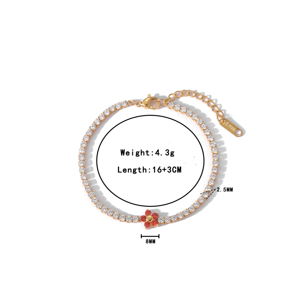 Tennis Chain Necklace and Bracelet Set with Flower in PVD Stainless Steel 14K Gold