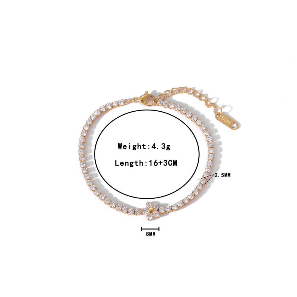 Tennis Chain Necklace and Bracelet Set with Flower in PVD Stainless Steel 14K Gold