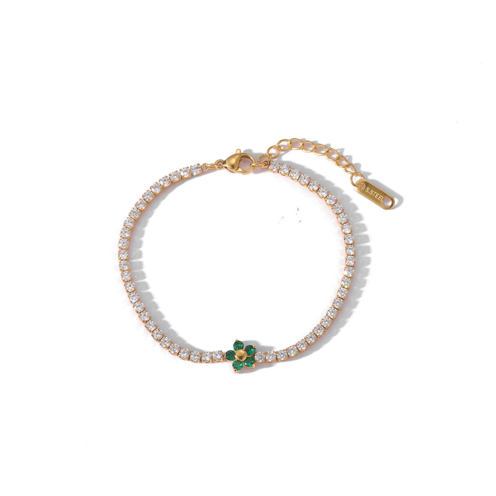 Tennis Chain Necklace and Bracelet Set with Flower in PVD Stainless Steel 14K Gold