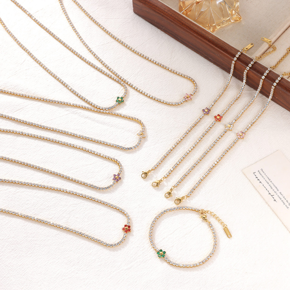 Tennis Chain Necklace and Bracelet Set with Flower in PVD Stainless Steel 14K Gold