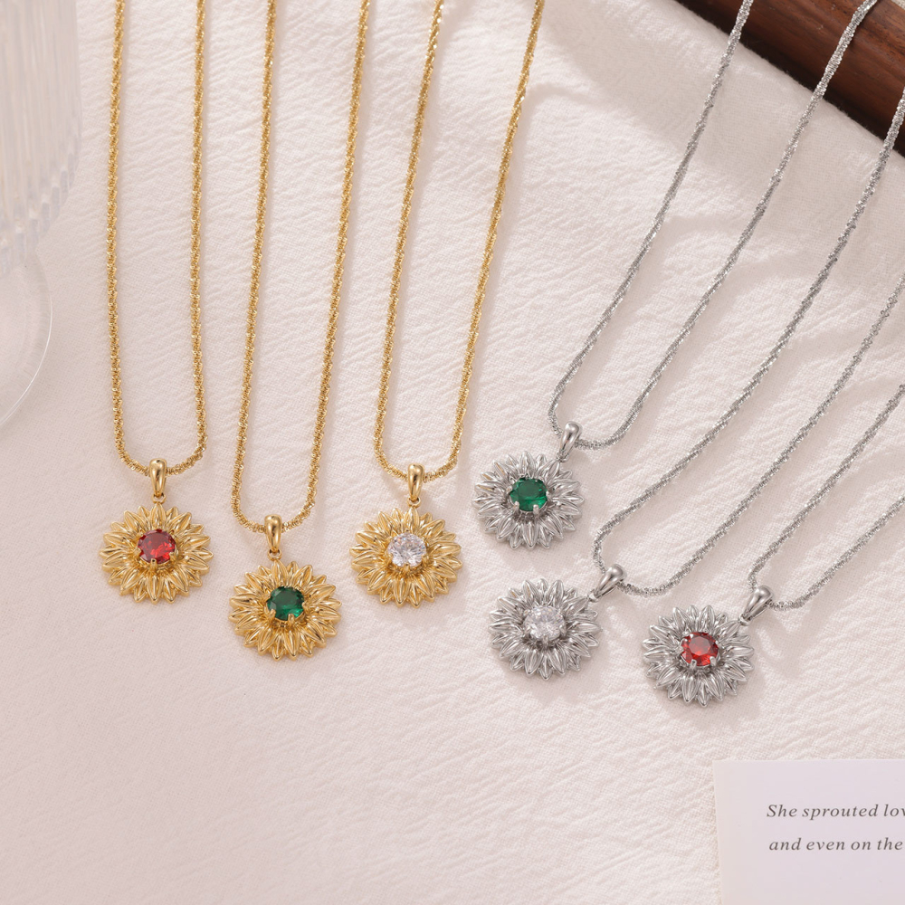 Sunflower CZ Pendant Necklace with Beaded Chain in PVD Stainless Steel 14K Gold