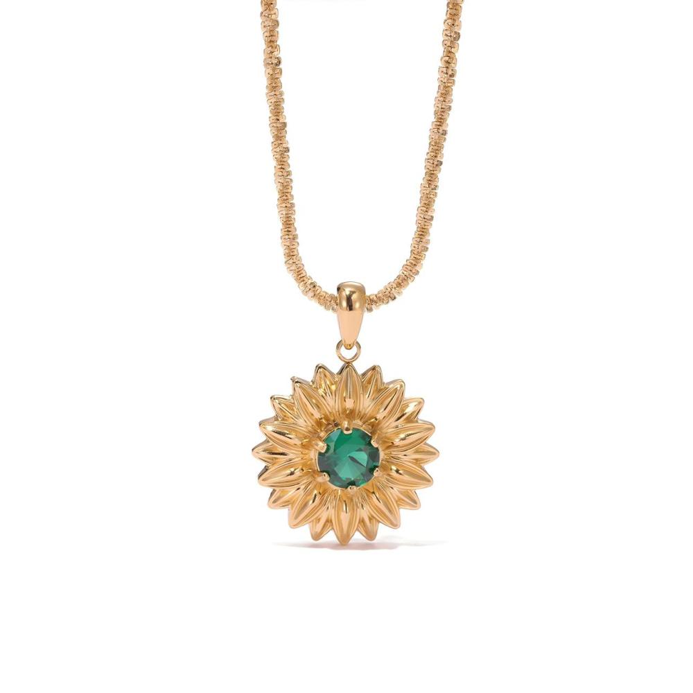 Sunflower CZ Pendant Necklace with Beaded Chain in PVD Stainless Steel 14K Gold