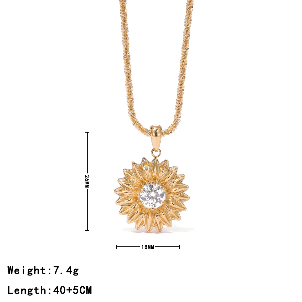 Sunflower CZ Pendant Necklace with Beaded Chain in PVD Stainless Steel 14K Gold