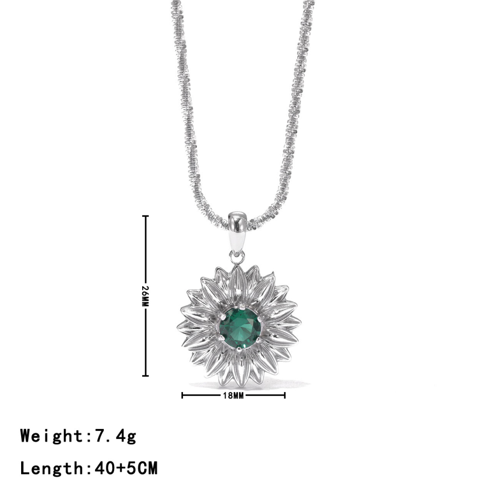 Sunflower CZ Pendant Necklace with Beaded Chain in PVD Stainless Steel 14K Gold