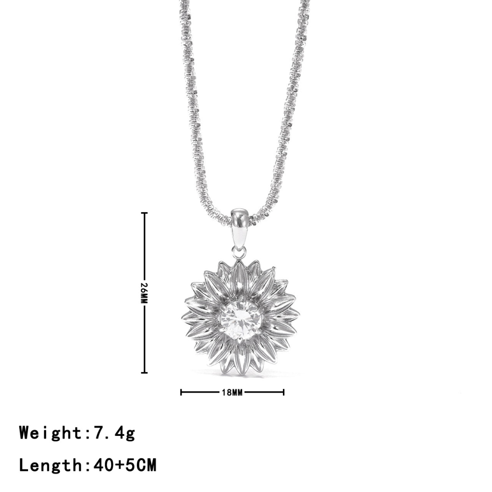 Sunflower CZ Pendant Necklace with Beaded Chain in PVD Stainless Steel 14K Gold