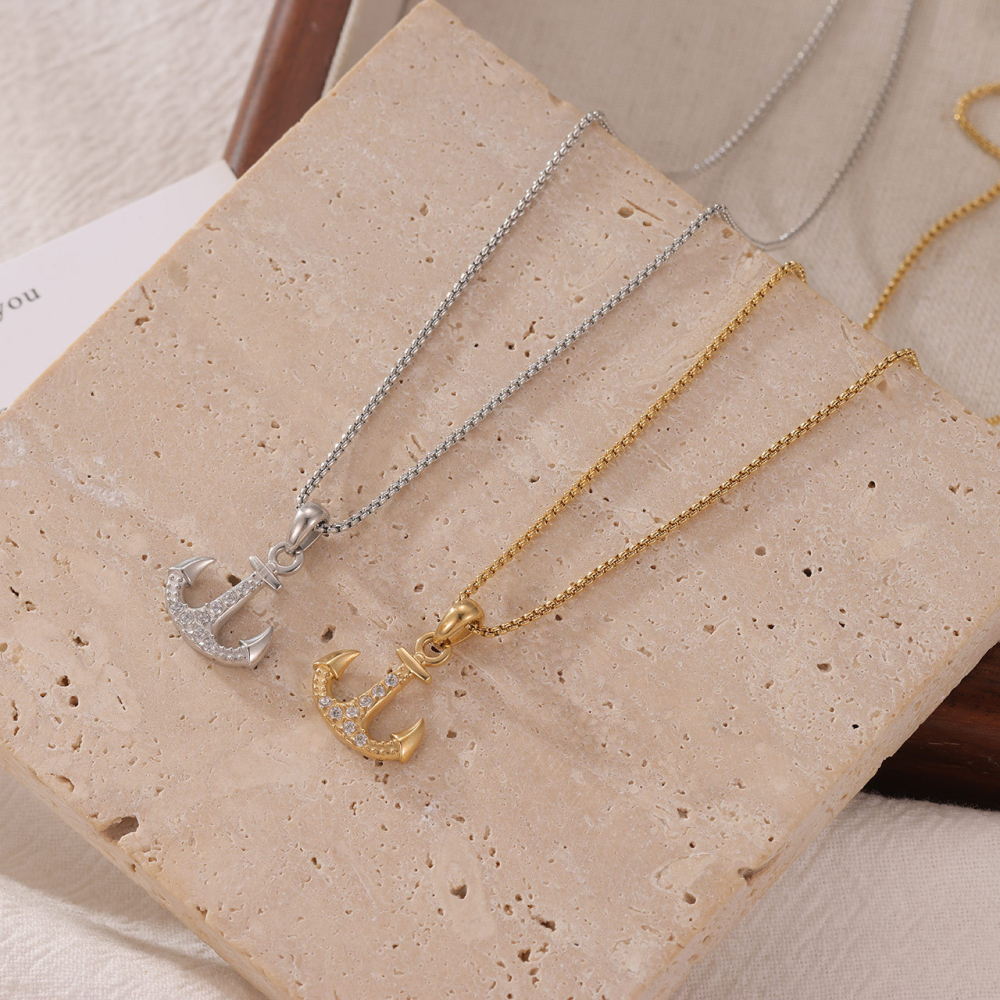 Pave CZ Anchor Pendant Necklace in PVD Stainless Steel 14K Gold