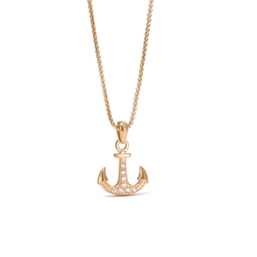 Pave CZ Anchor Pendant Necklace in PVD Stainless Steel 14K Gold