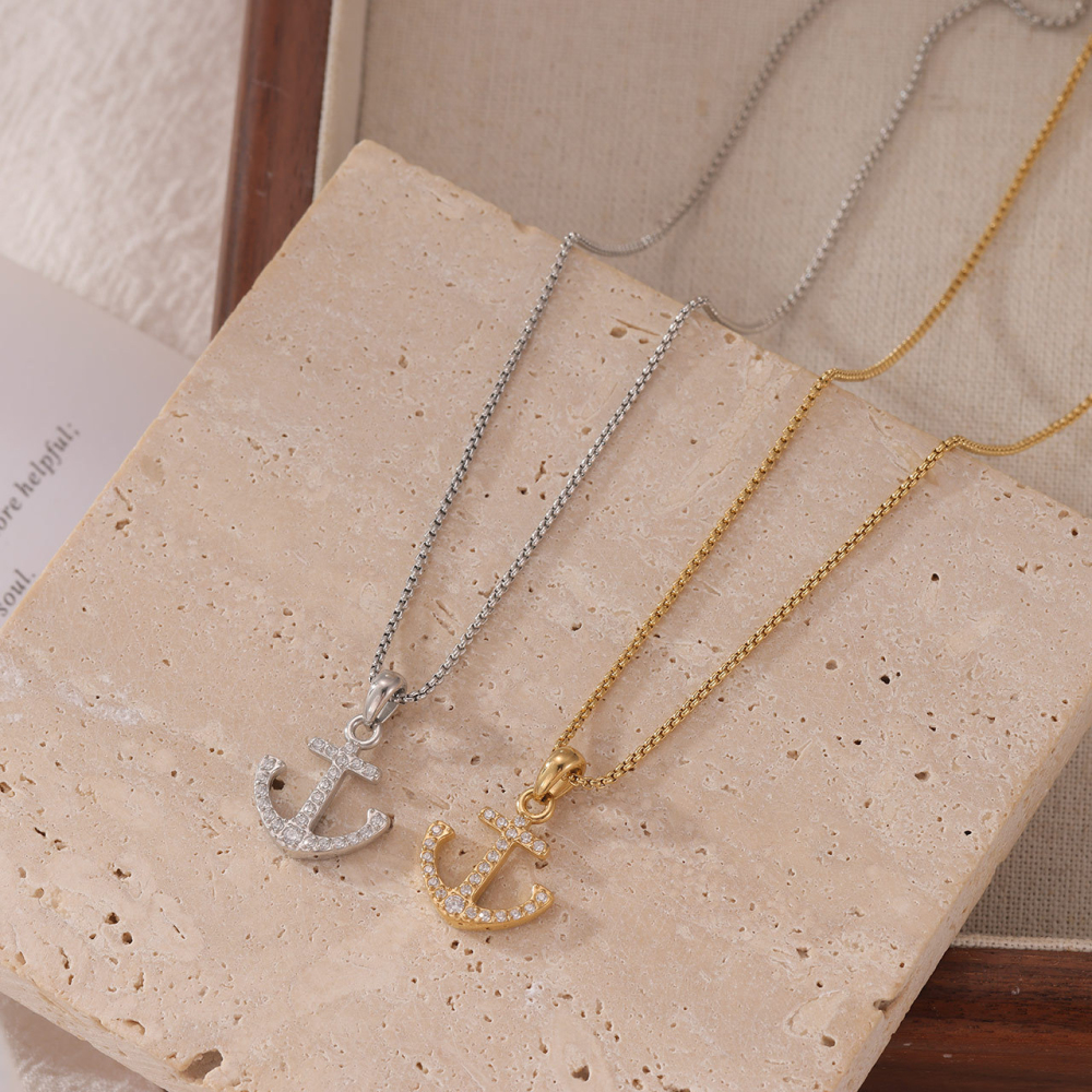 Full Pave CZ Anchor Necklace in PVD Stainless Steel 14K Gold