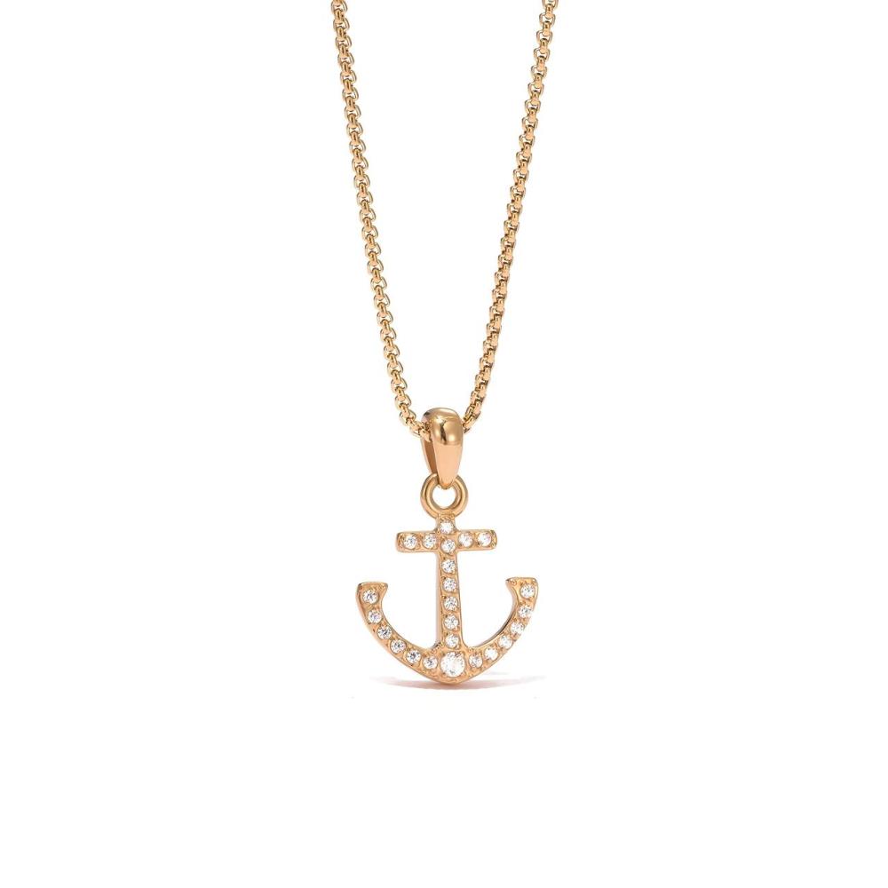 Full Pave CZ Anchor Necklace in PVD Stainless Steel 14K Gold