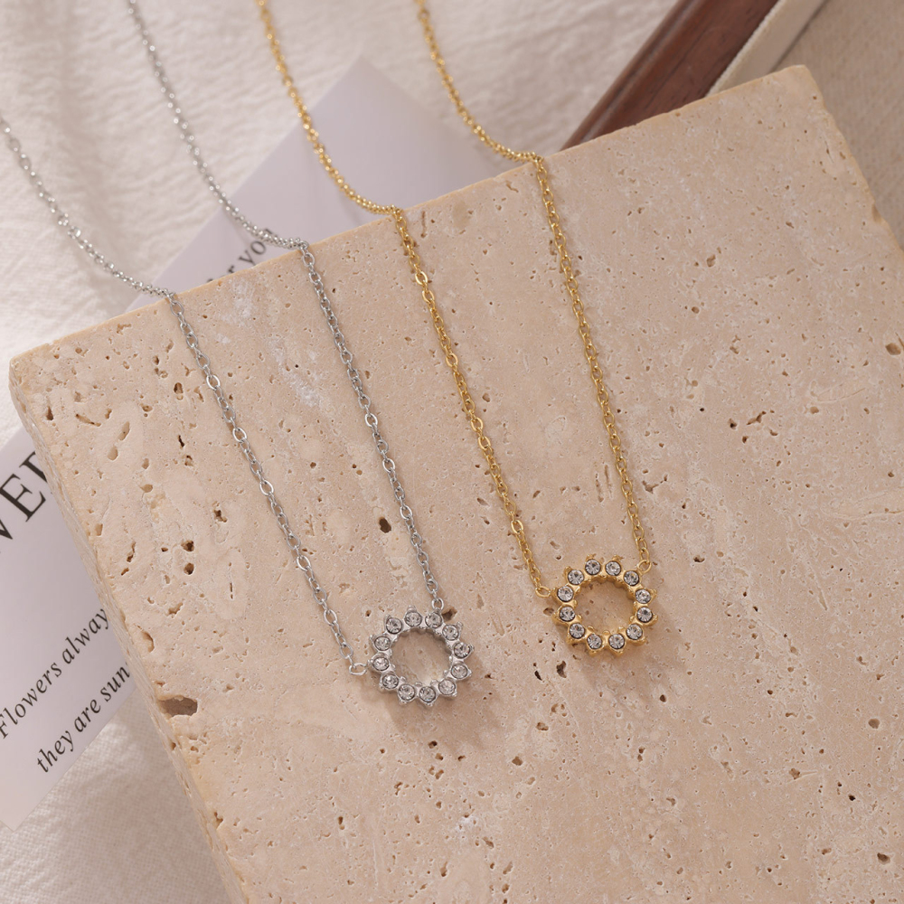 Open Circle CZ Sunburst Effect Necklace in PVD Stainless Steel 14K  Gold
