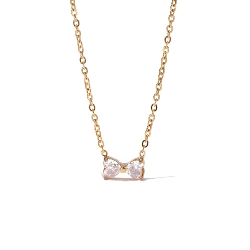 Bow CZ Necklace and Bracelet Set in PVD Stainless Steel 14K Gold