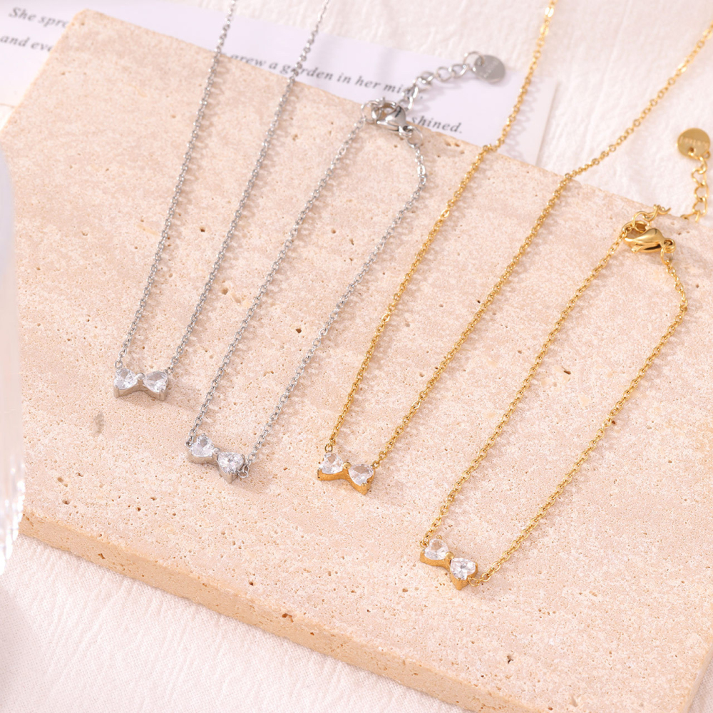 Bow CZ Necklace and Bracelet Set in PVD Stainless Steel 14K Gold