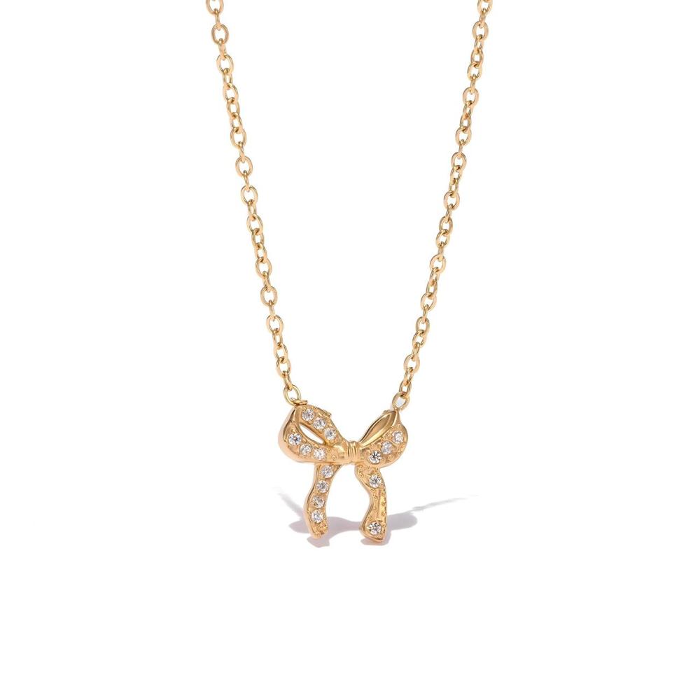 Full Pave CZ Bow Pendant Necklace in PVD Stainless Steel 14K Gold