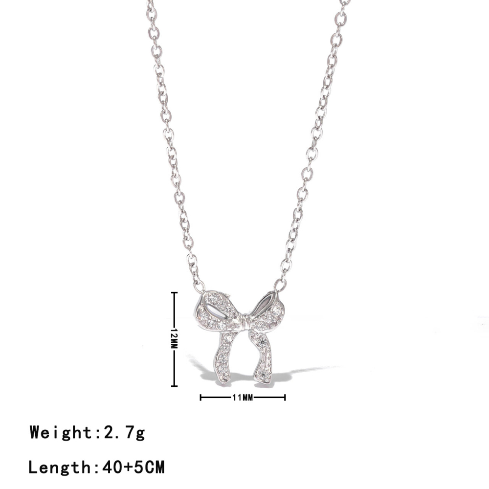 Full Pave CZ Bow Pendant Necklace in PVD Stainless Steel 14K Gold