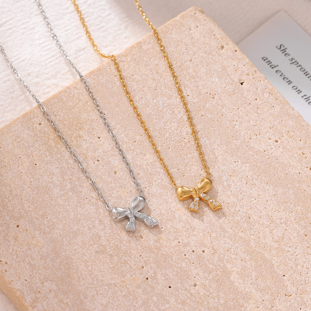 Half Pave CZ Bow Pendant Necklace in PVD Stainless Steel 14K Gold