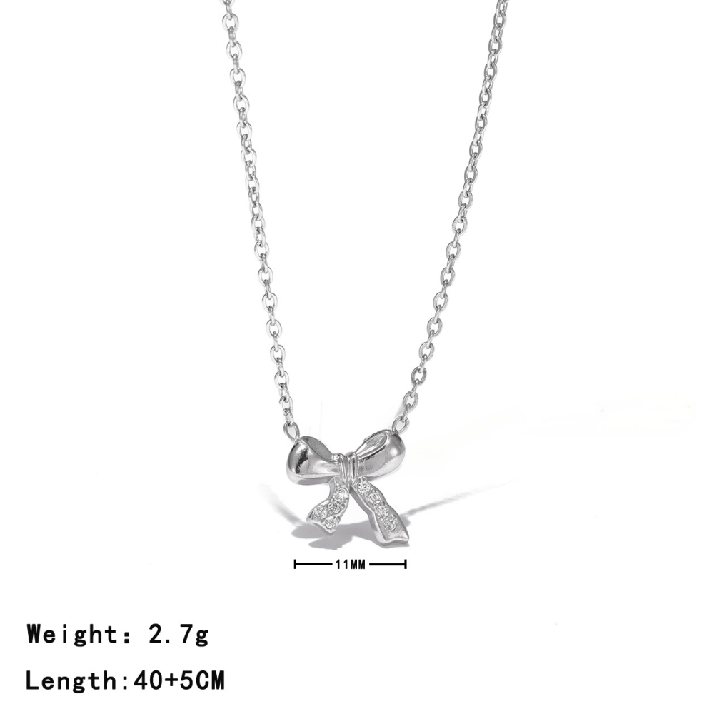 Half Pave CZ Bow Pendant Necklace in PVD Stainless Steel 14K Gold