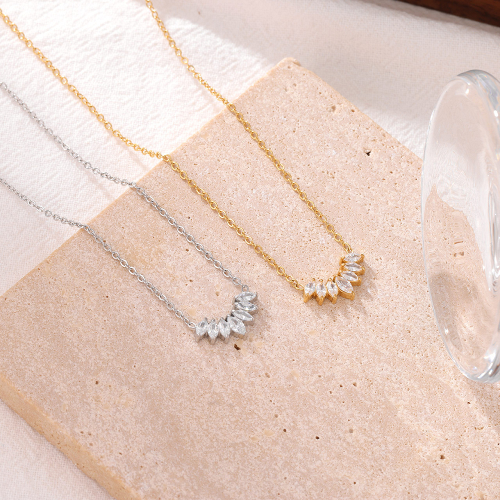 Marquise CZ Curved Bar Necklace in PVD Stainless Steel 14K Gold