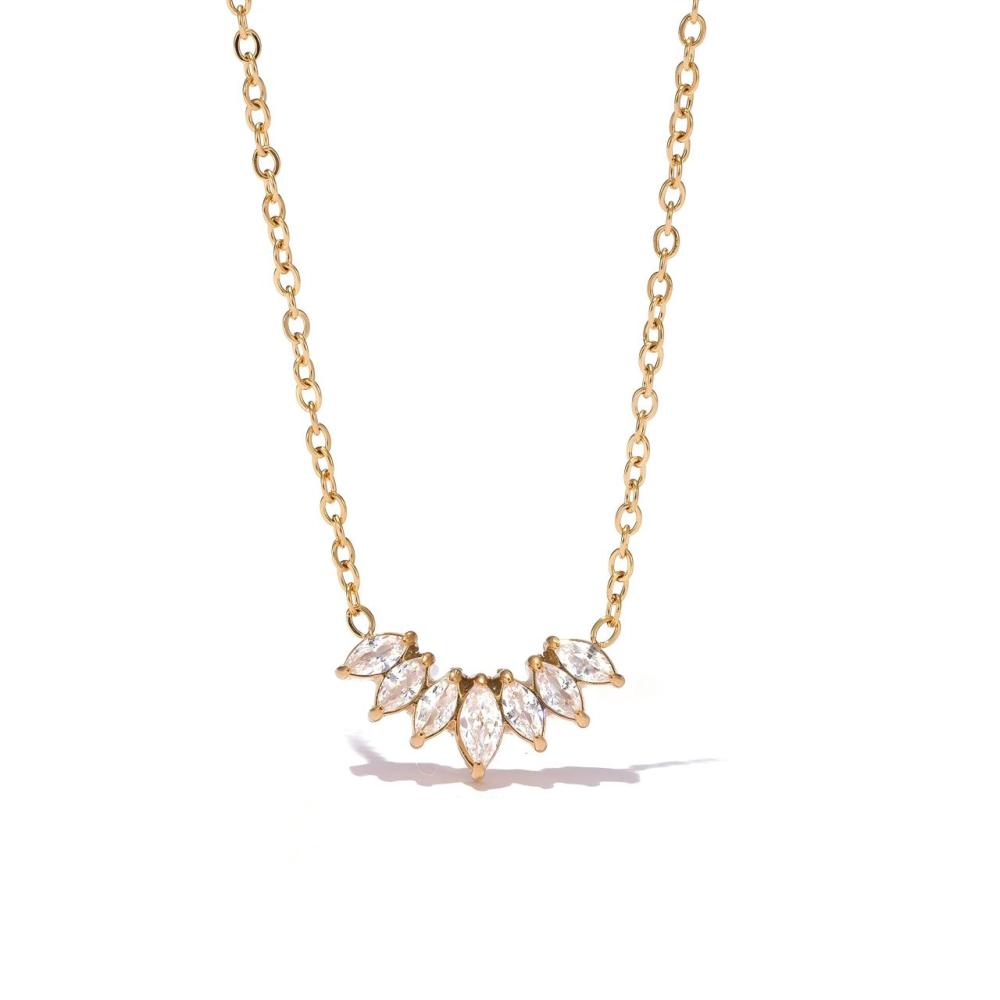 Marquise CZ Curved Bar Necklace in PVD Stainless Steel 14K Gold