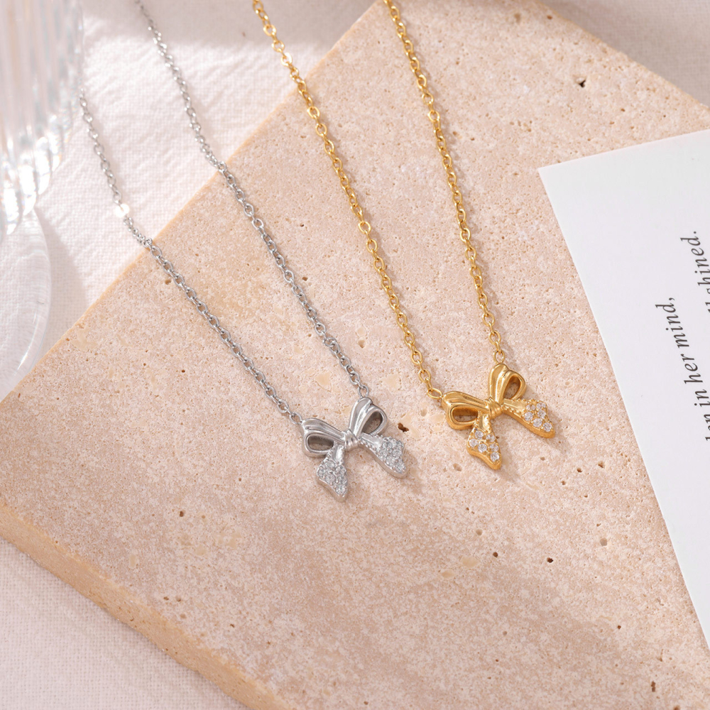 Open Loop Bow Pendant Necklace with Pave CZ in PVD Stainless Steel 14K Gold