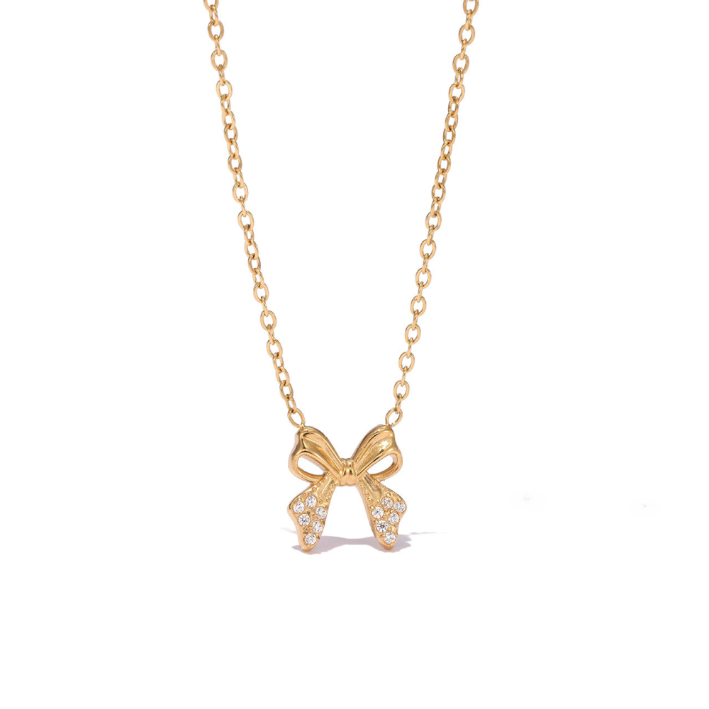 Open Loop Bow Pendant Necklace with Pave CZ in PVD Stainless Steel 14K Gold