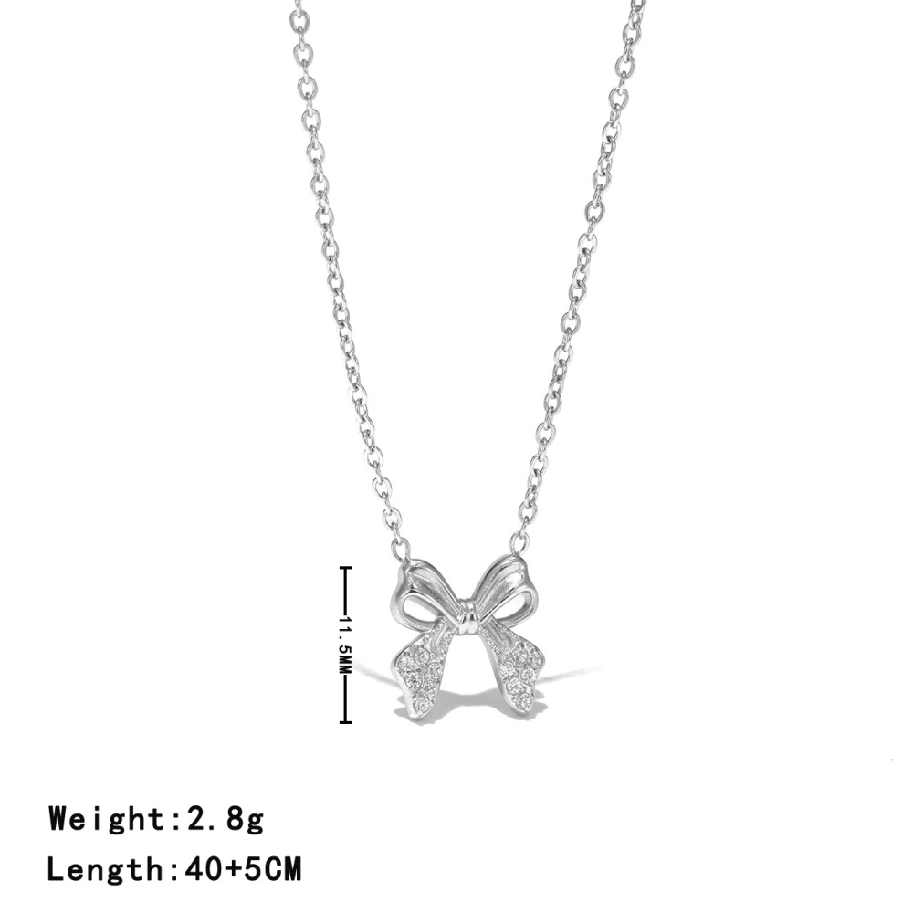 Open Loop Bow Pendant Necklace with Pave CZ in PVD Stainless Steel 14K Gold