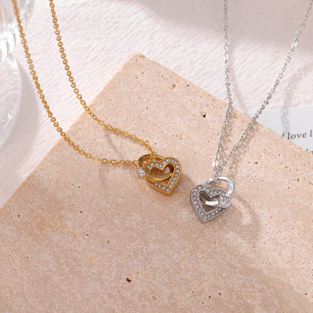 Pave Heart and Round CZ Necklace in PVD Stainless Steel 14K Gold