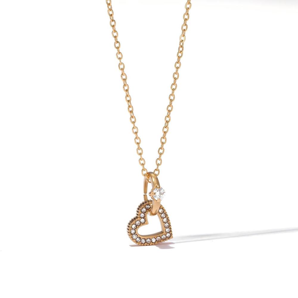 Pave Heart and Round CZ Necklace in PVD Stainless Steel 14K Gold
