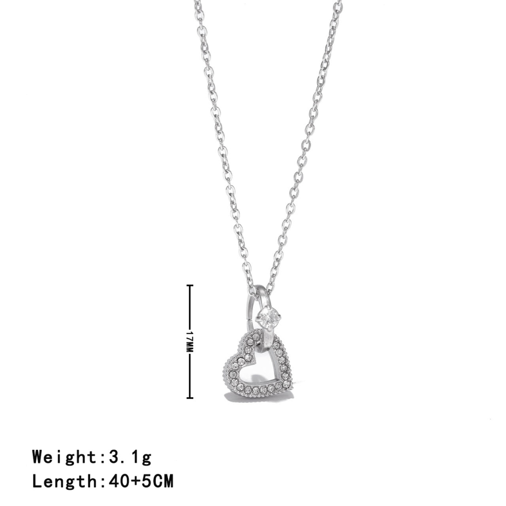 Pave Heart and Round CZ Necklace in PVD Stainless Steel 14K Gold