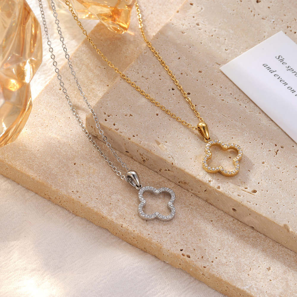 Pave CZ Open Clover Necklace in PVD Stainless Steel 14K Gold