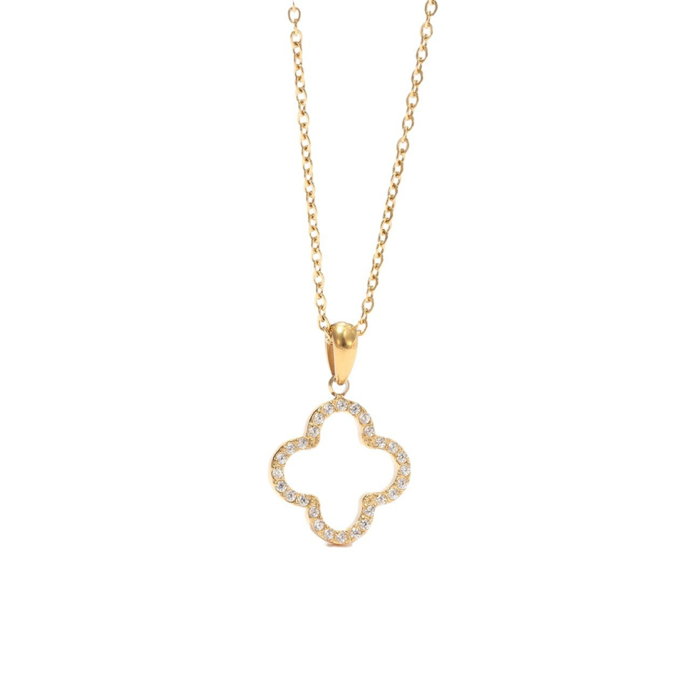 Pave CZ Open Clover Necklace in PVD Stainless Steel 14K Gold