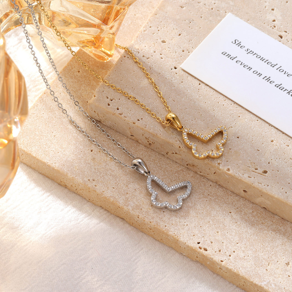 Pave CZ Open Butterfly Necklace in PVD Stainless Steel 14K Gold