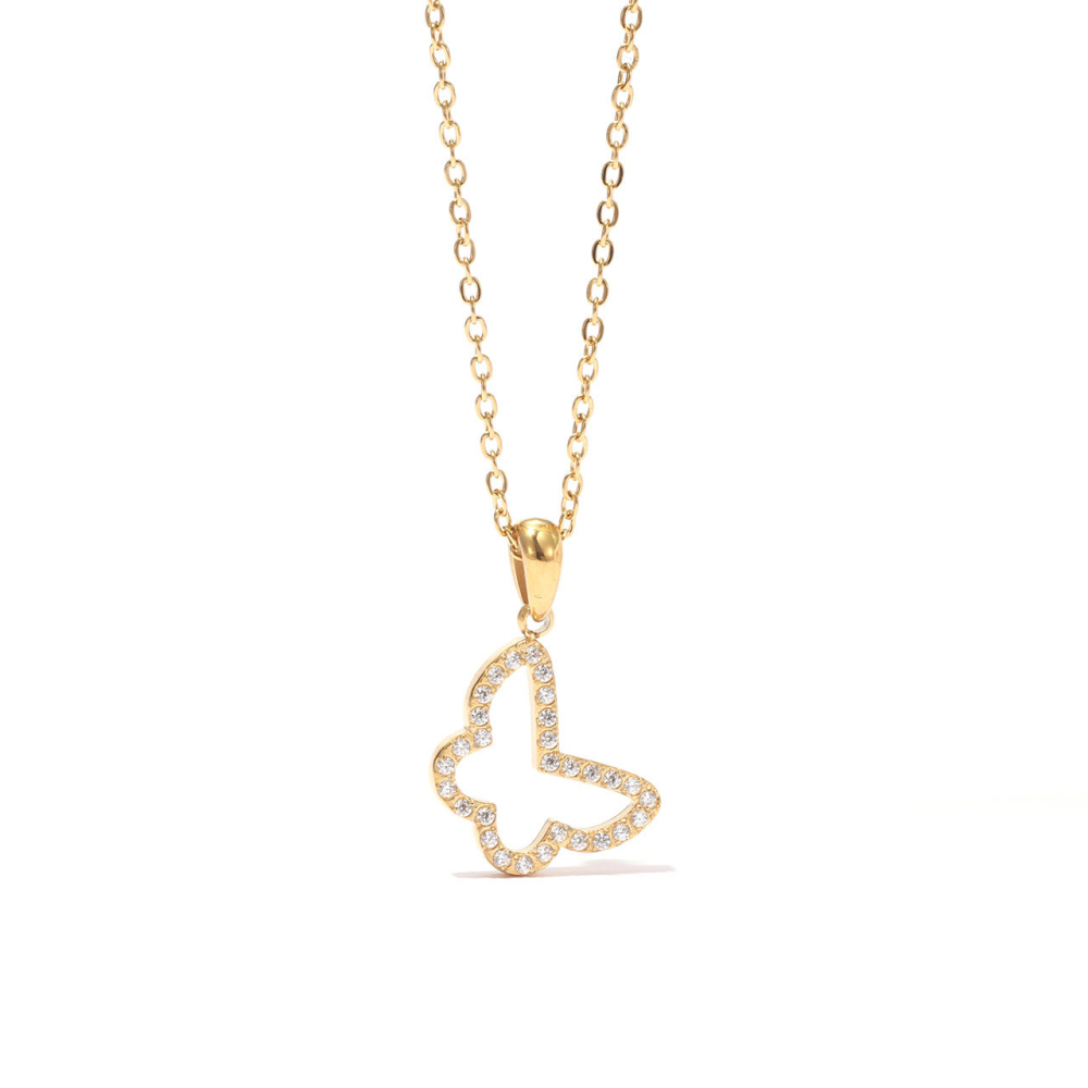 Pave CZ Open Butterfly Necklace in PVD Stainless Steel 14K Gold