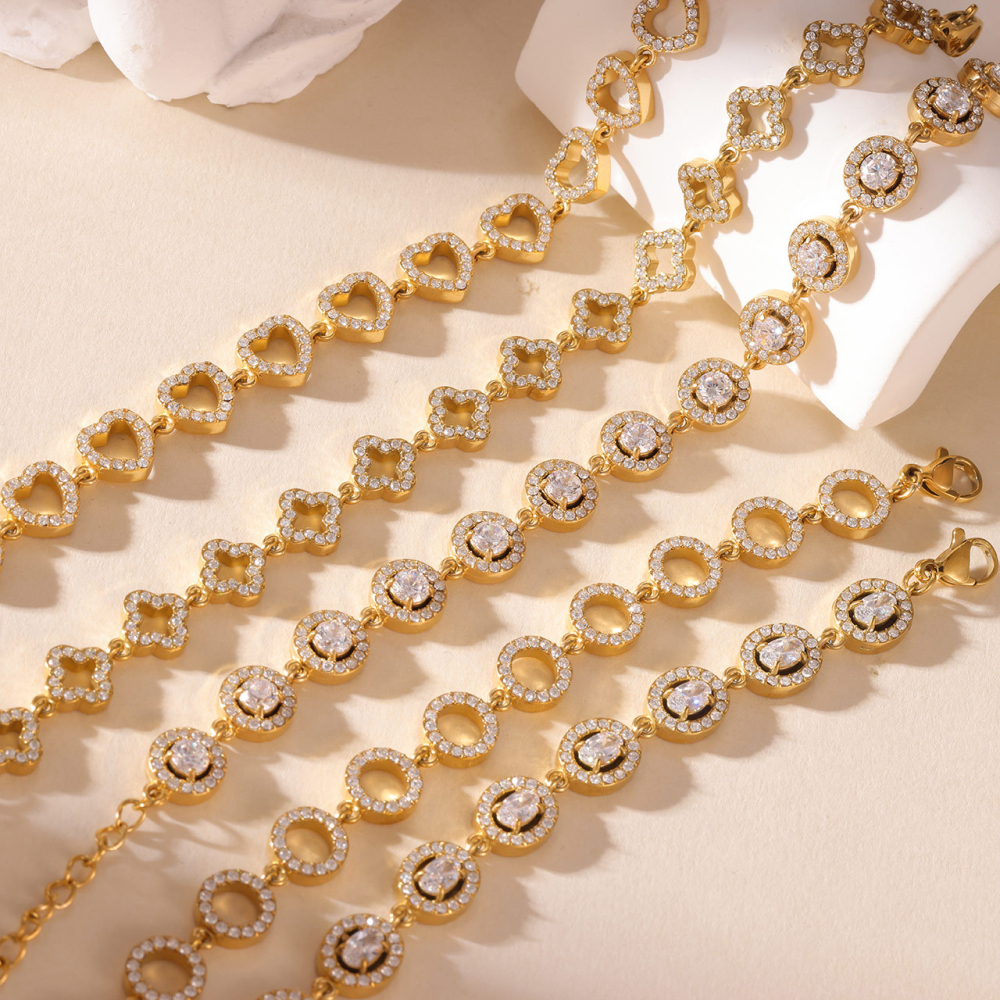 Pave CZ Geometric Link Bracelet in PVD Stainless Steel 14K Gold