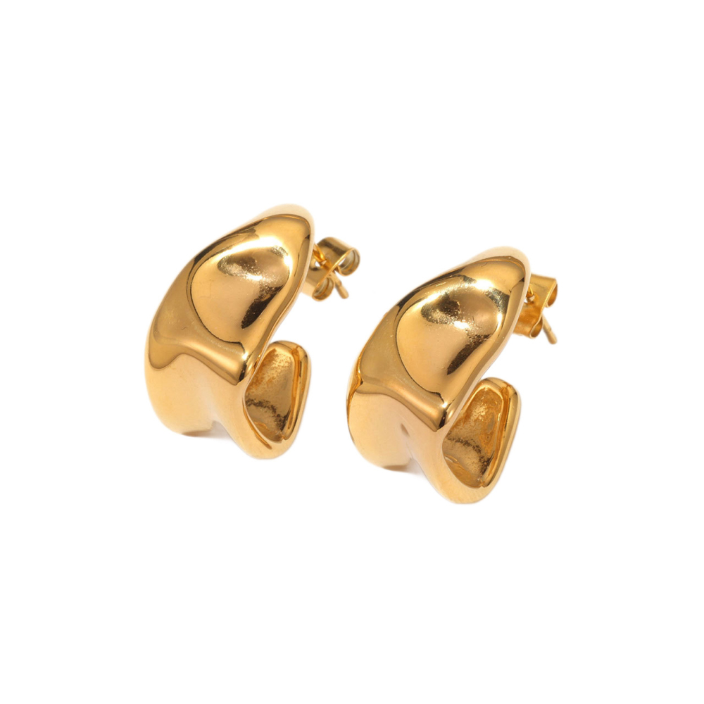 High Polish Dome C-Hoop Stud Earrings in PVD Stainless Steel 14K Gold