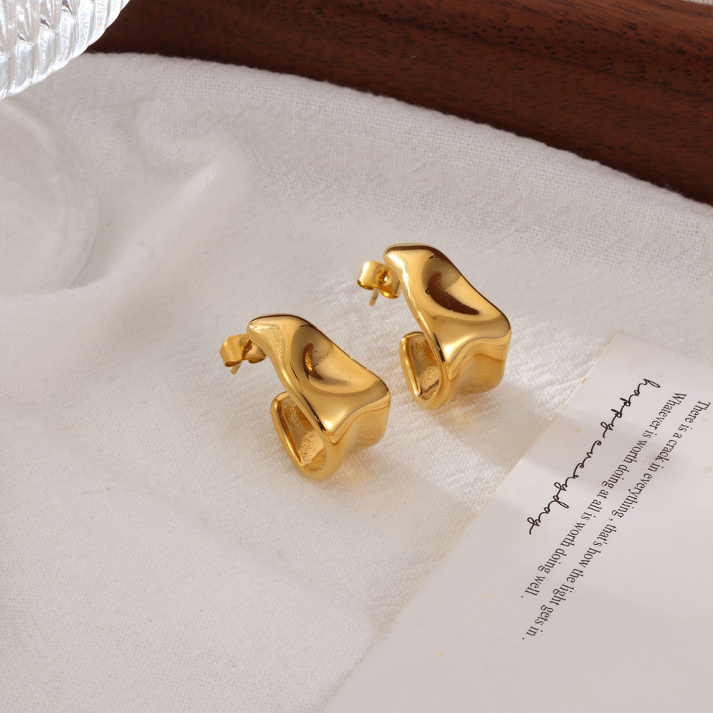 High Polish Dome C-Hoop Stud Earrings in PVD Stainless Steel 14K Gold
