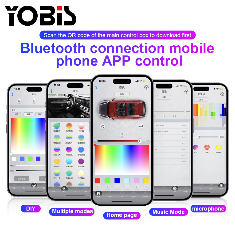 YOBIS LED CARLIGHT,yobis 18 in 1 Universal Newest Car LED Ambient Light 64 Colors RGB Interior Hidden Acrylic Strip Decoration Accessories Atmosphere Kit