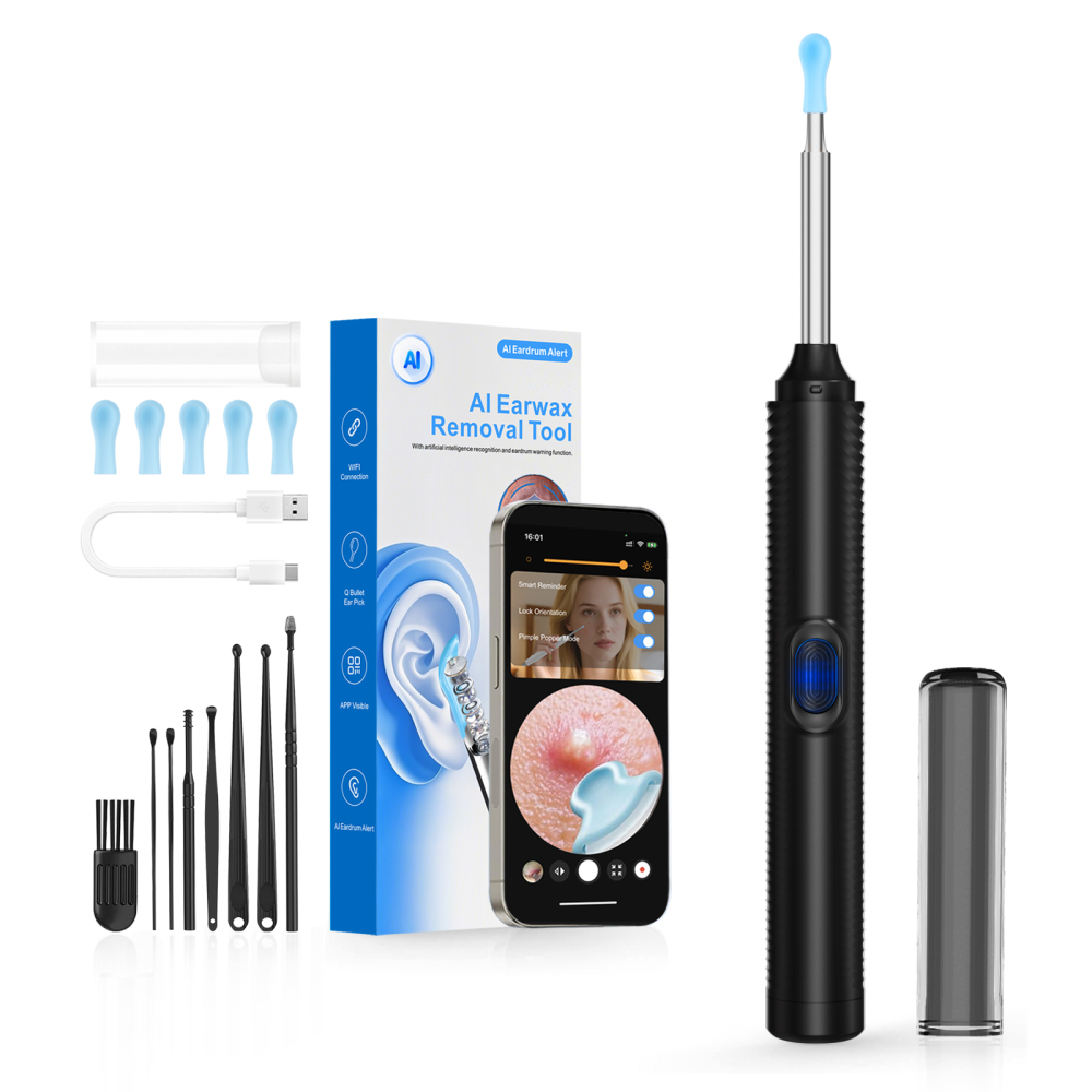 Complete Ear Cleaning Kit: 1080P Camera with 6 LEDs & 8 Ear Picks, Wireless Ear Wax Remover for iPhone/iPad/Android, Safe for Home Use (Black)