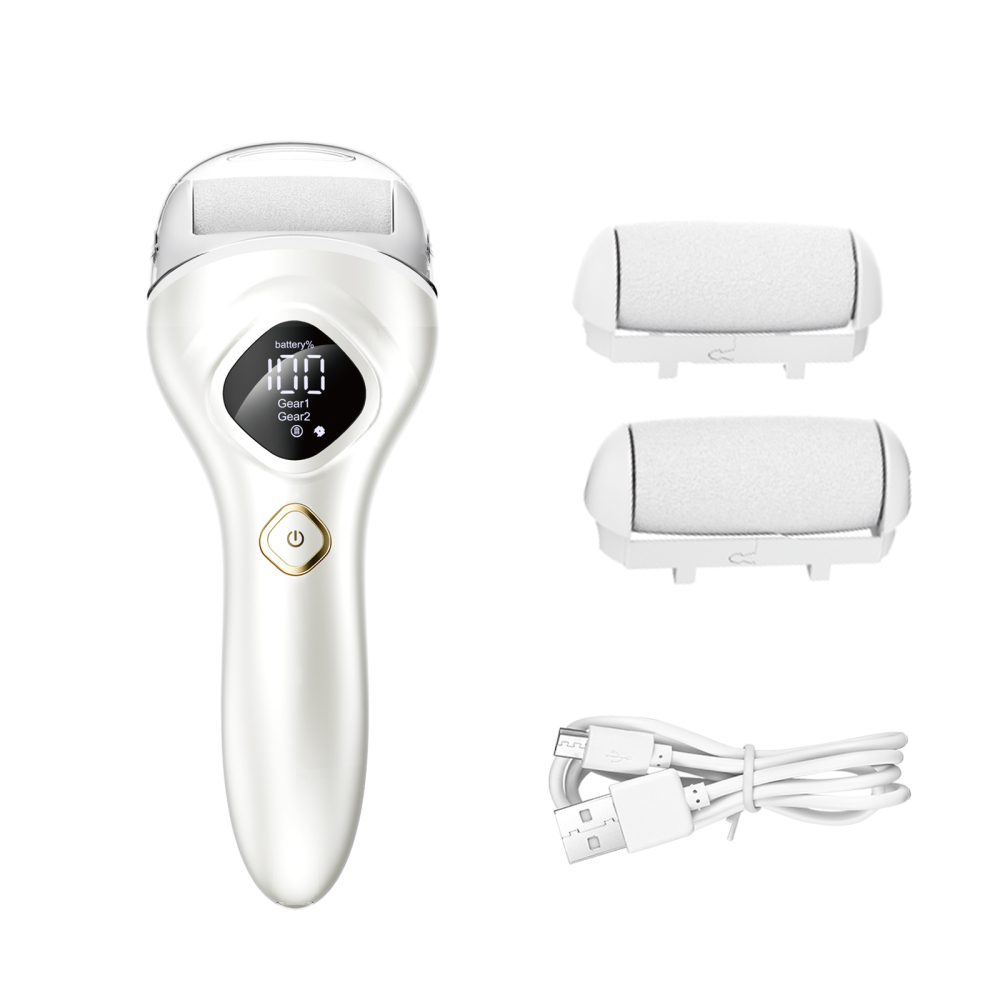 Rechargeable Electric Callus Remover​ – a portable foot care kit with 2 roller heads, adjustable speed, and battery display. Gently and effectively treats dry, hardened, and rough skin.