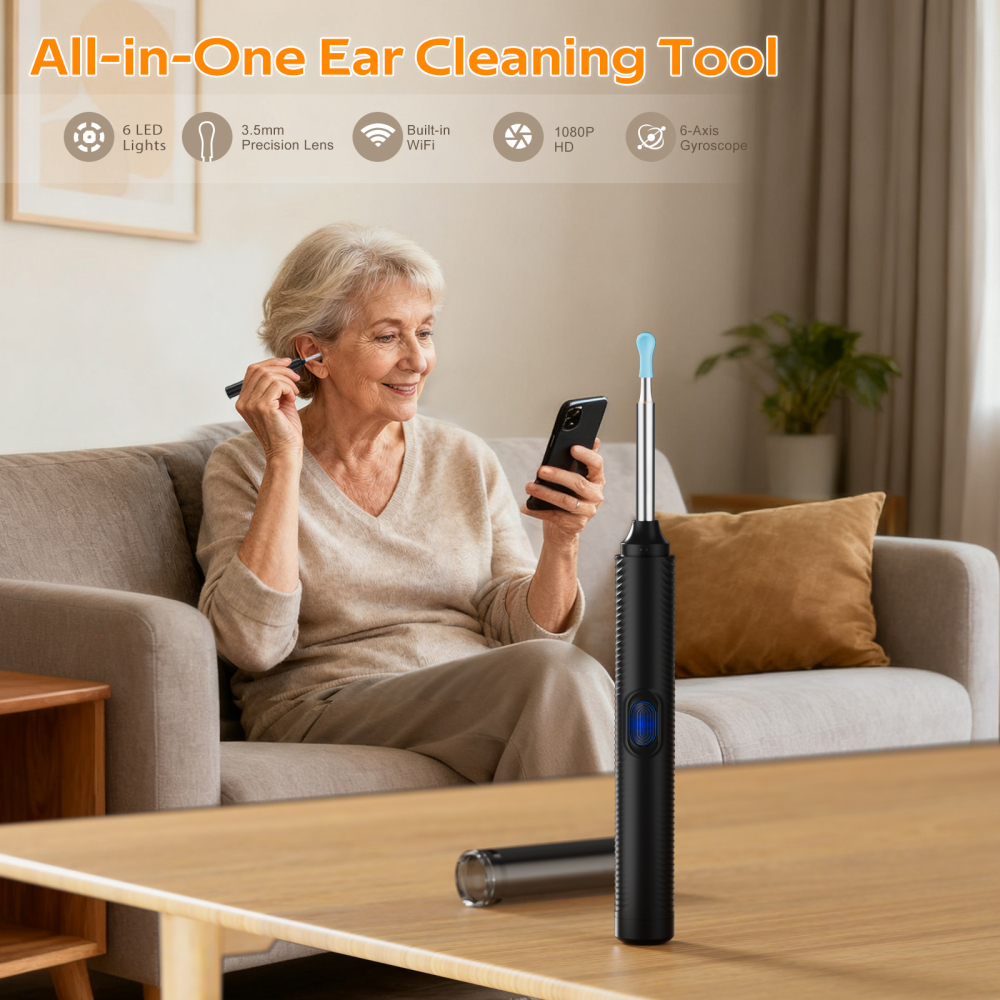 Complete Ear Cleaning Kit: 1080P Camera with 6 LEDs & 8 Ear Picks, Wireless Ear Wax Remover for iPhone/iPad/Android, Safe for Home Use (Black)