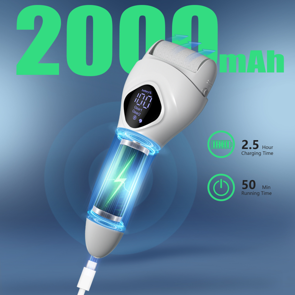Rechargeable Electric Callus Remover​ – a portable foot care kit with 2 roller heads, adjustable speed, and battery display. Gently and effectively treats dry, hardened, and rough skin.