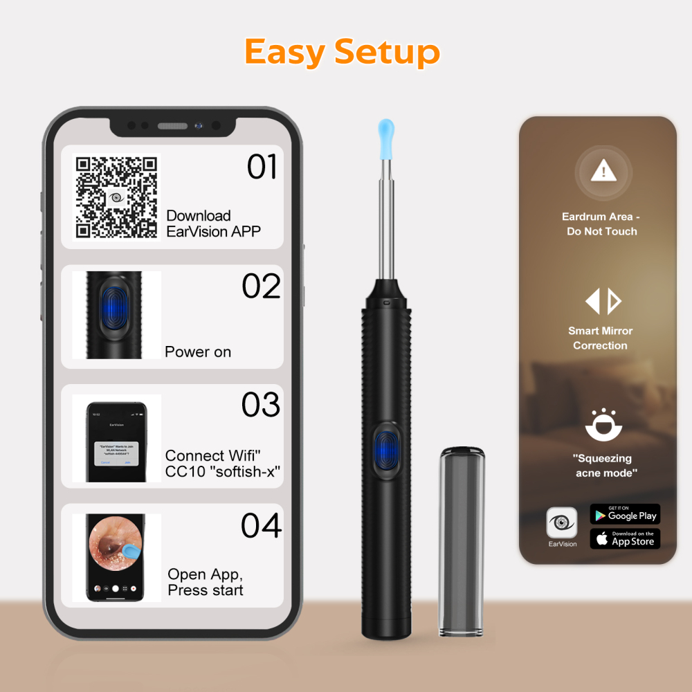 Complete Ear Cleaning Kit: 1080P Camera with 6 LEDs & 8 Ear Picks, Wireless Ear Wax Remover for iPhone/iPad/Android, Safe for Home Use (Black)