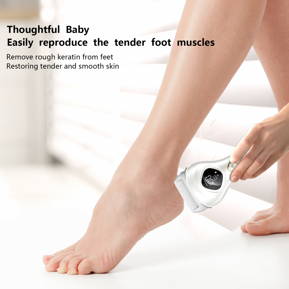 Rechargeable Electric Callus Remover​ – a portable foot care kit with 2 roller heads, adjustable speed, and battery display. Gently and effectively treats dry, hardened, and rough skin.