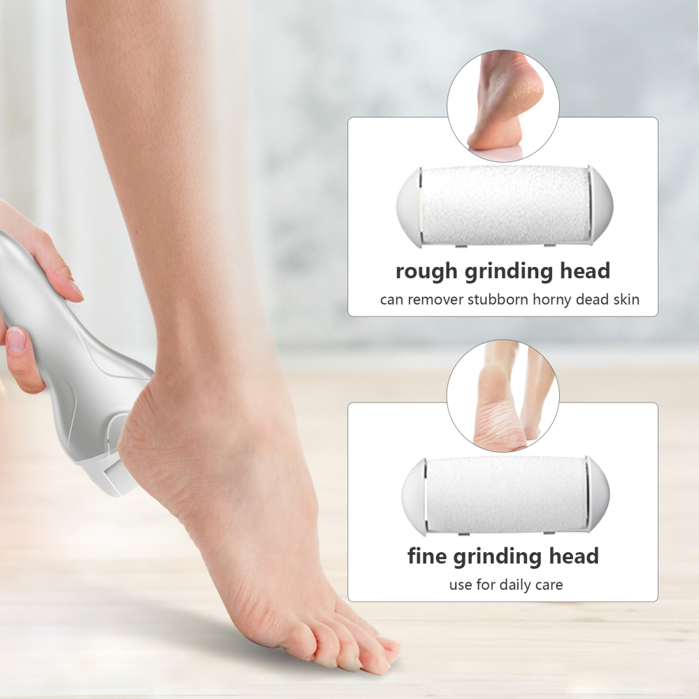 Rechargeable Electric Callus Remover​ – a portable foot care kit with 2 roller heads, adjustable speed, and battery display. Gently and effectively treats dry, hardened, and rough skin.