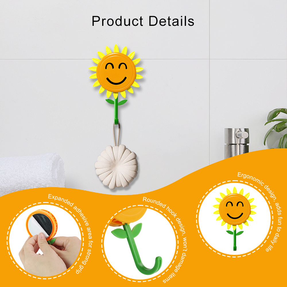 Sunflower Wall Hook for Hanging 8.8Ib(Max), Retractable Flower Design, Strong Self-Adhesive Wall Hooks, Traceless & Waterproof, No-Nail Hangers for Bags, Towels – Home Decor, Bathroom, Kitchen