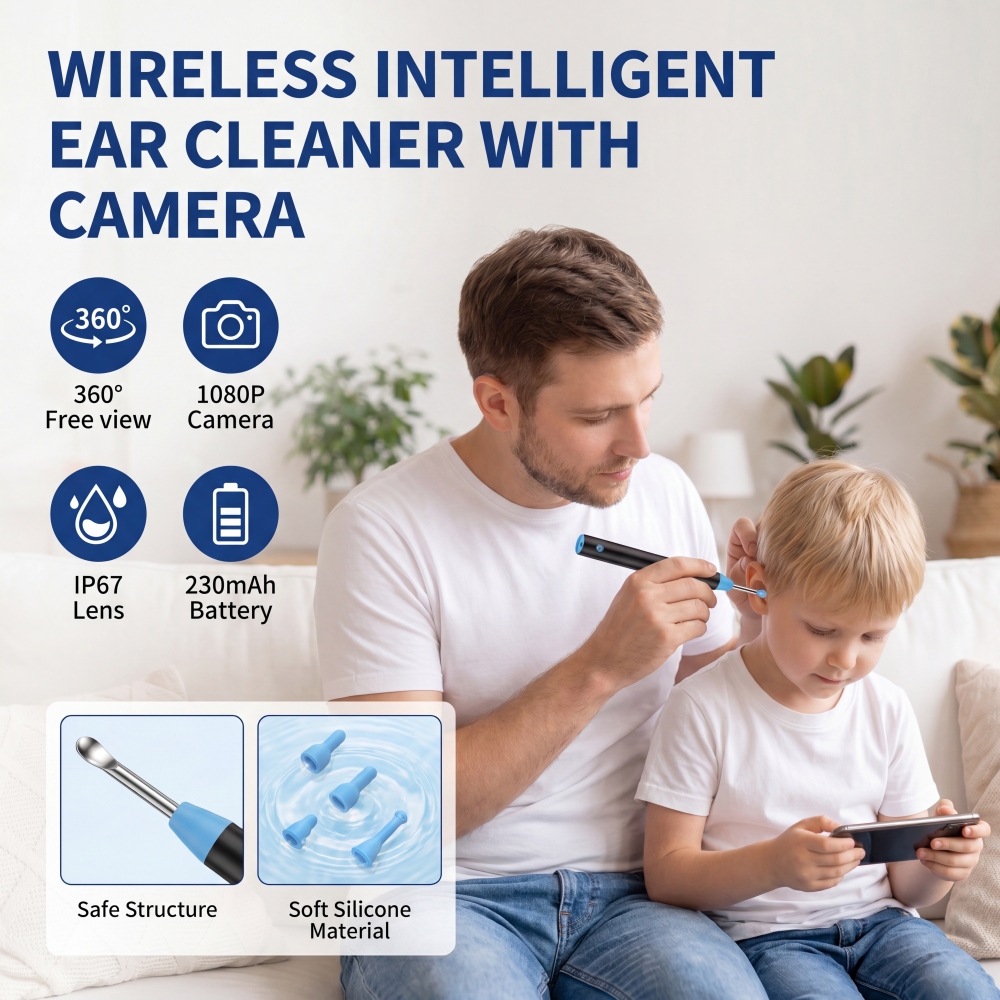 Complete Ear Cleaning Kit: 1080P Camera with 6 LEDs & 8 Ear Picks, Wireless Ear Wax Remover for iPhone/iPad/Android, Safe for Home Use (Black)