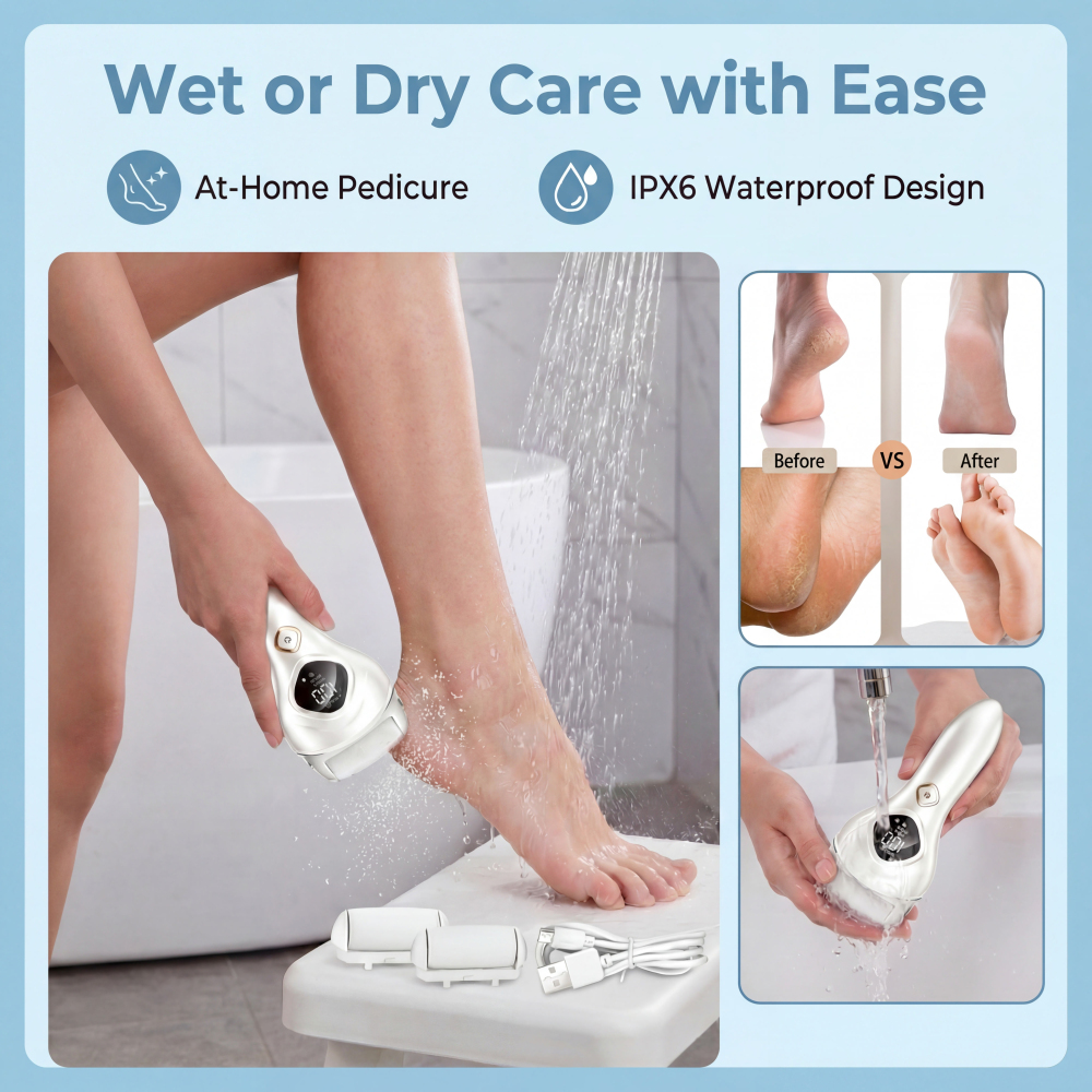 Rechargeable Electric Callus Remover​ – a portable foot care kit with 2 roller heads, adjustable speed, and battery display. Gently and effectively treats dry, hardened, and rough skin.